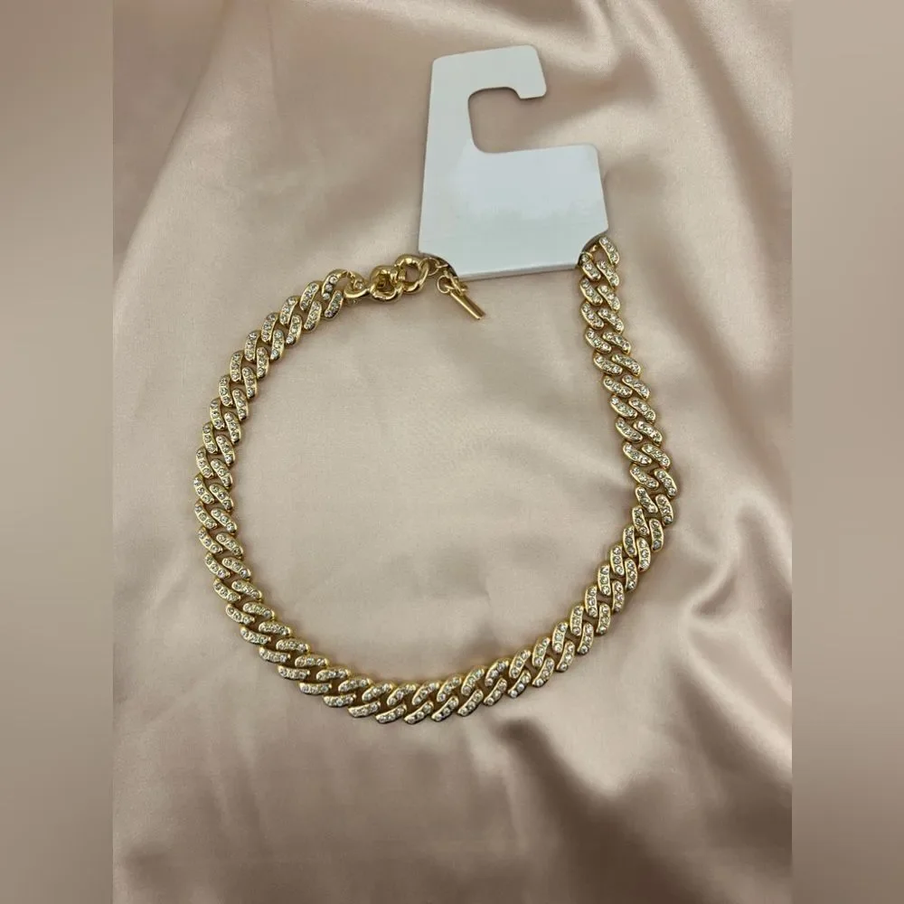 Gold-Tone Cuban Link Chain Necklace with Rhinestones